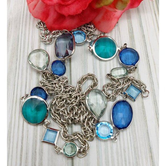 Silver Tone & Colorful Blue & Green Rhinestone Station Necklace Textured Chain - Picture 1 of 10